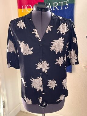T Tahari Black Blouse with White Floral Print